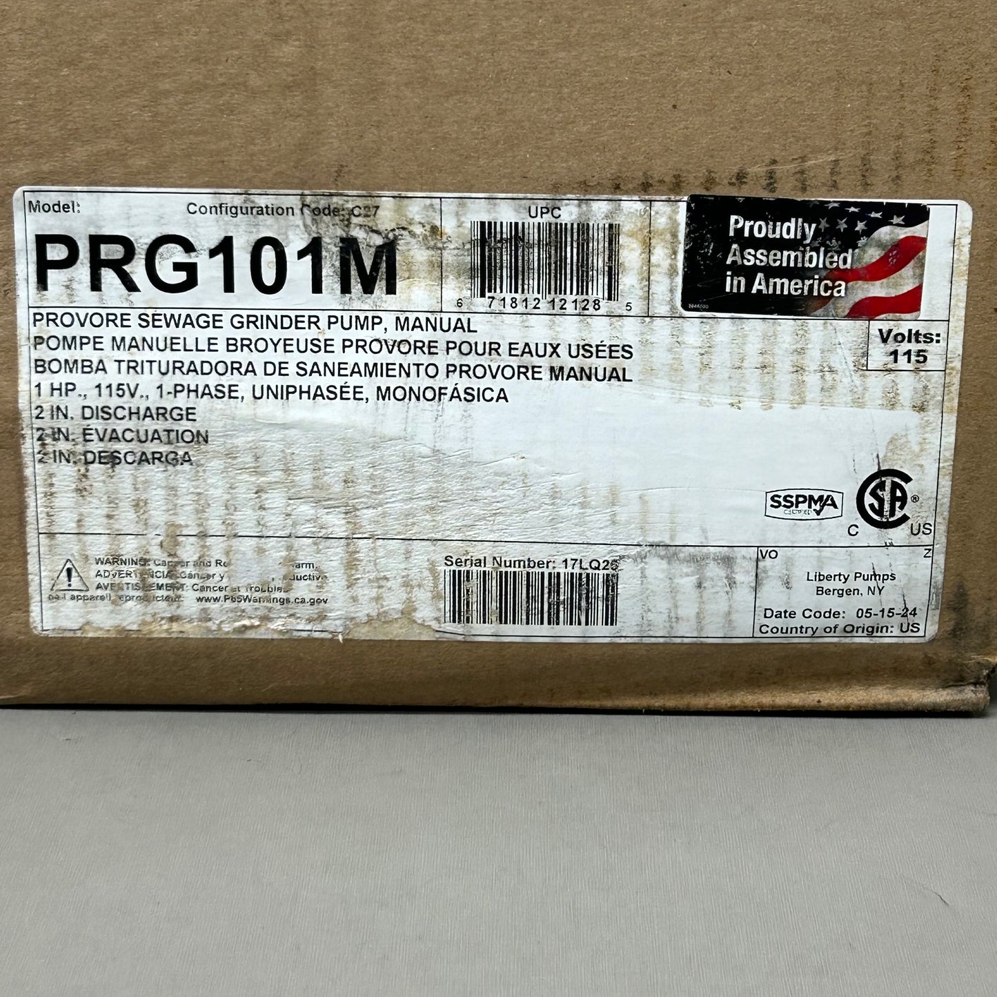 LIBERTY PUMPS 1 HP ProVore Residential Grinder Pump Non-automatic 11"x7.12"x17.625" PRG101M
