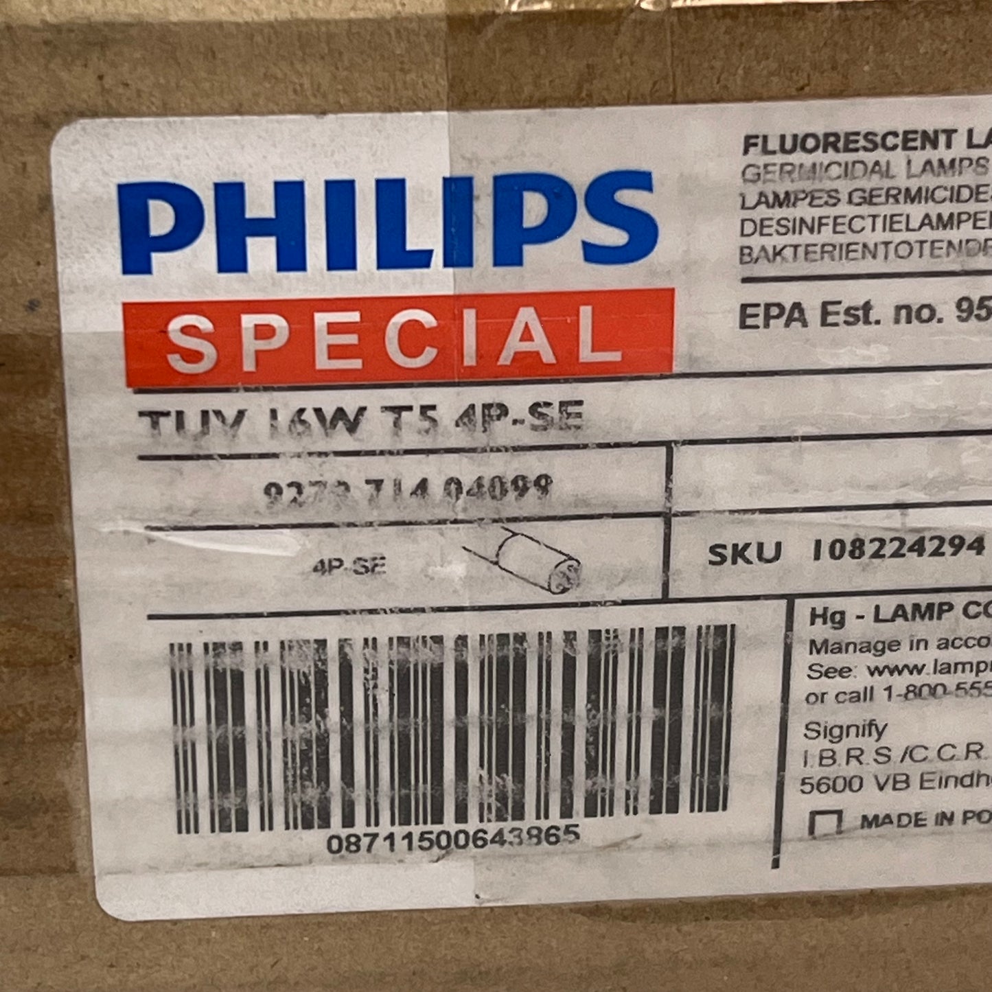 PHILIPS (5 PACK) Germicidal Florescent Tube Light 13" 16 W TUV 16W T5 4P-SE