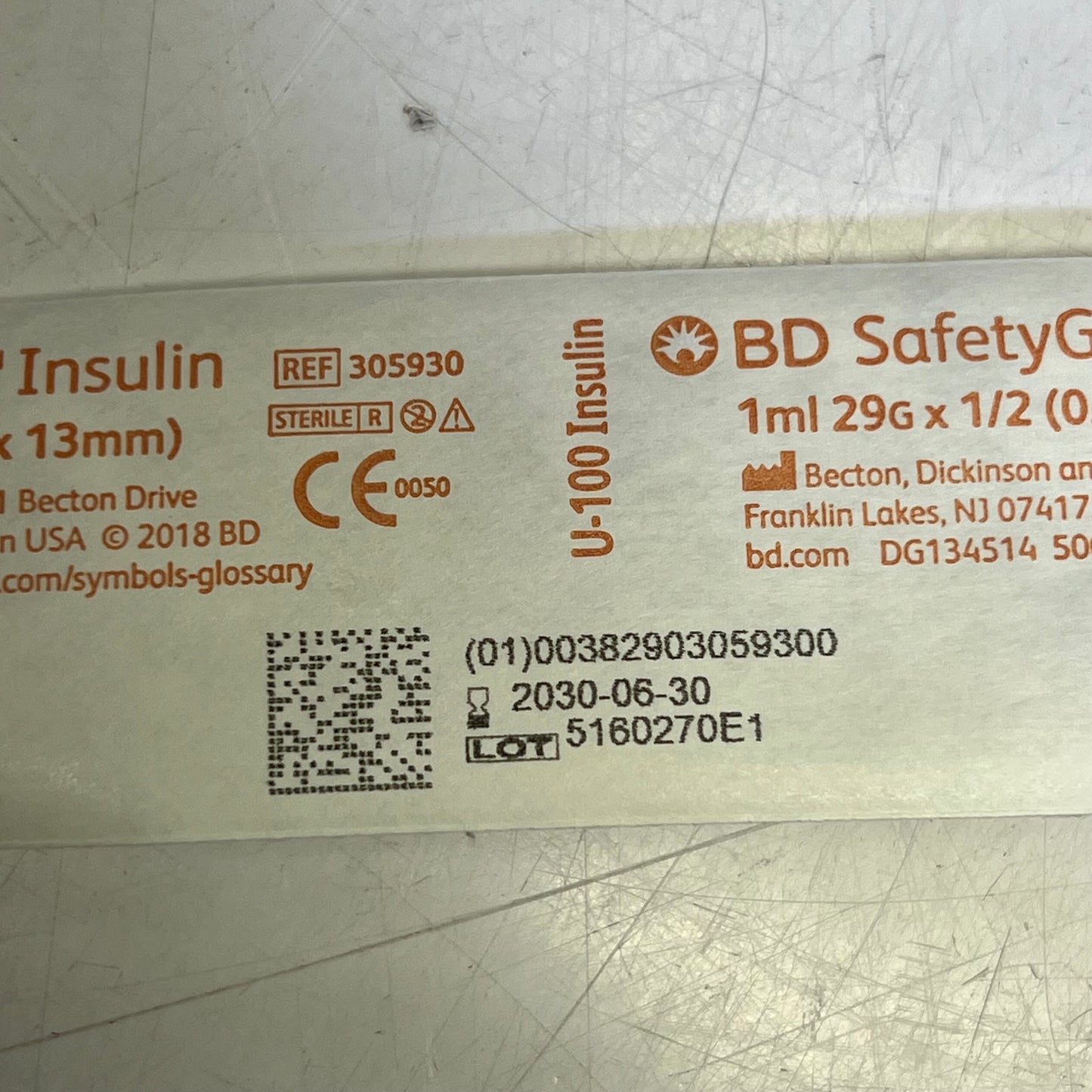 BD SAFTEY GLIDE (100 PACK) Insulin Syringe w/ Safety Guide 1 ML 1/2" 29ga 305930