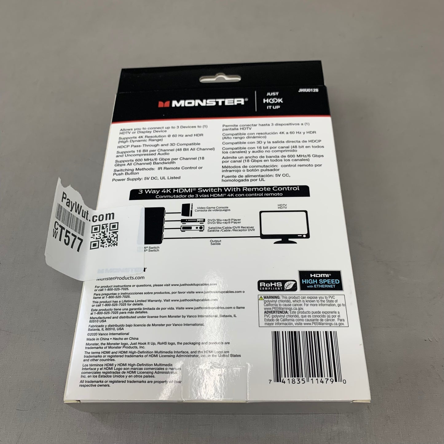 MONSTER 3-Way 4K HDMI Switch W/ Remote Control 6"x8" Black JHIU0128