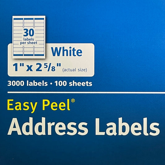 AVERY Easy Peel Sure Feed Address Labels 30 Sheet 1"x 2-5/8" Adhesive White 5160