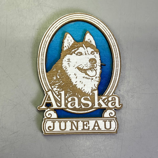 (2 PACK) Huskey Dog Laser Cut Wood Magnet Souvenir JUNEAU, AK Made In USA
