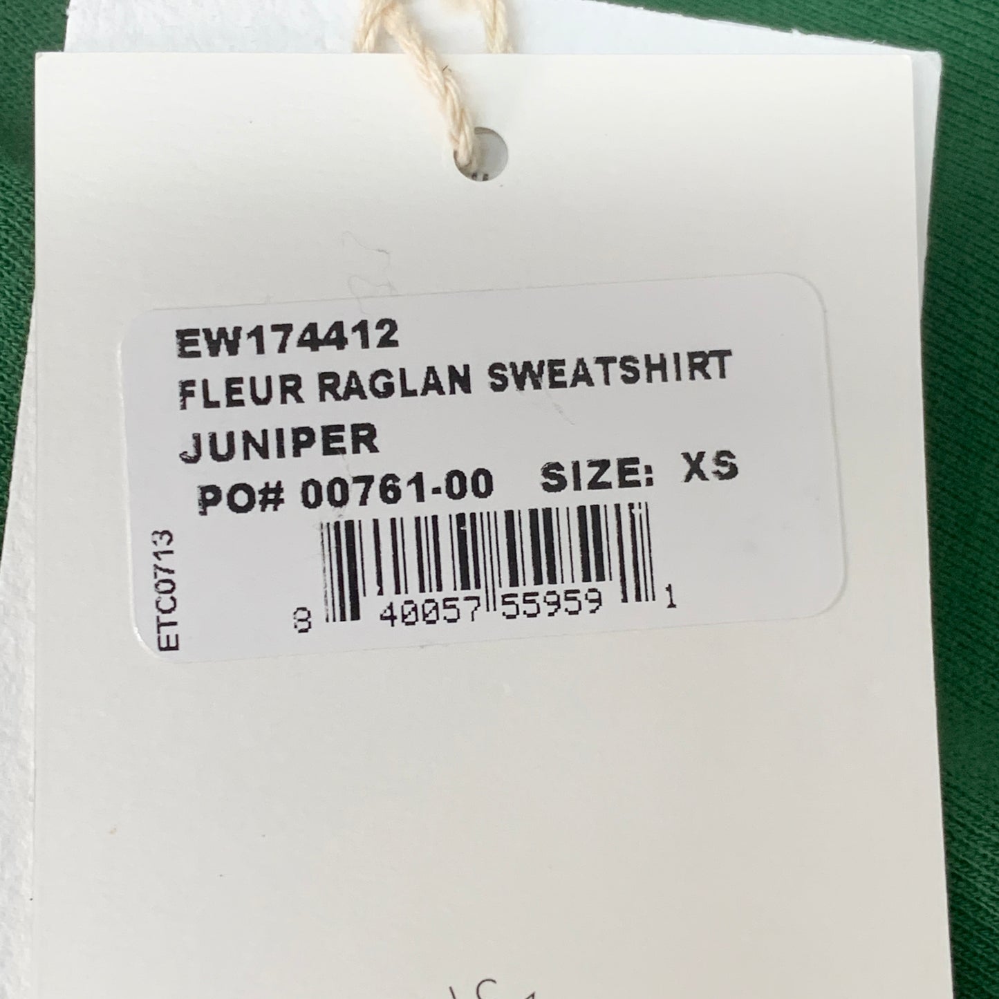 ETICA Fleur Raglan Sweat Top W/ Pintuck Sleeve Juniper Size XS EW174412