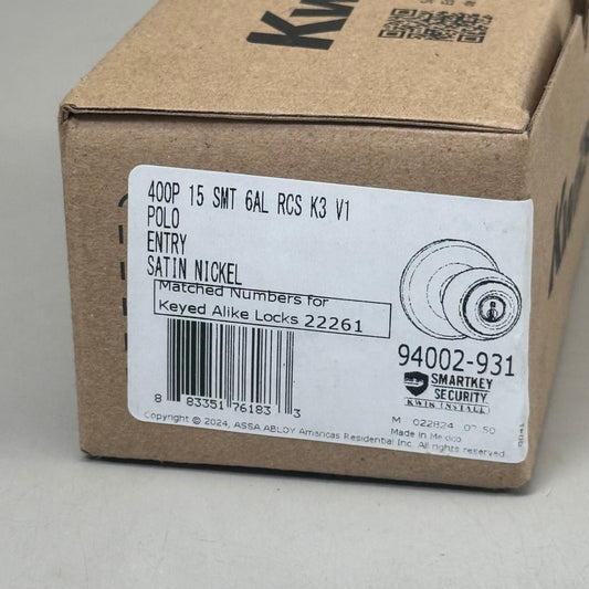 KWIKSET Polo Keyed Entry Knob with Smartkey Security In Satin Nickel 94002-931