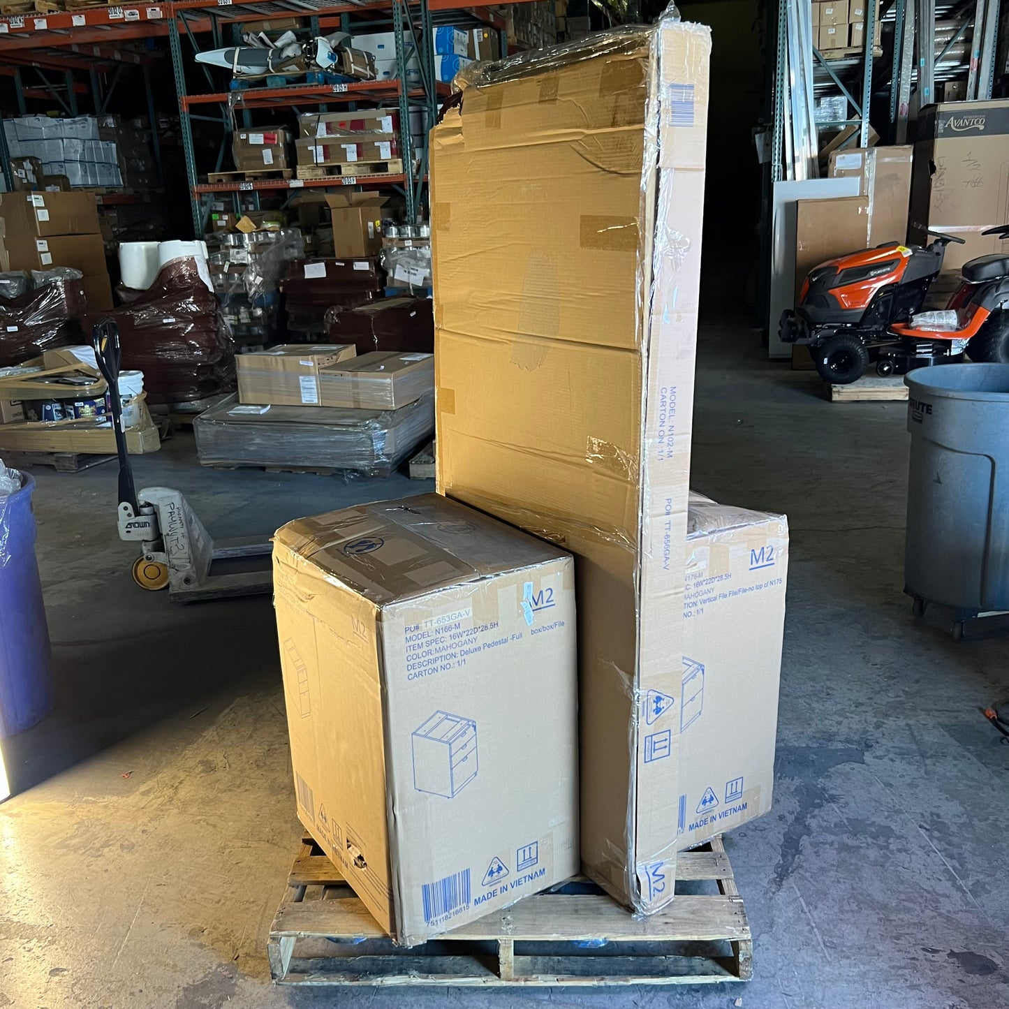 ZA@ Pallet of BOSS OFFICE PRODUCTS Desk Shell & Desk Pedestal - Mahogany N102-M/N166-M (AS-IS, Damaged Desk)