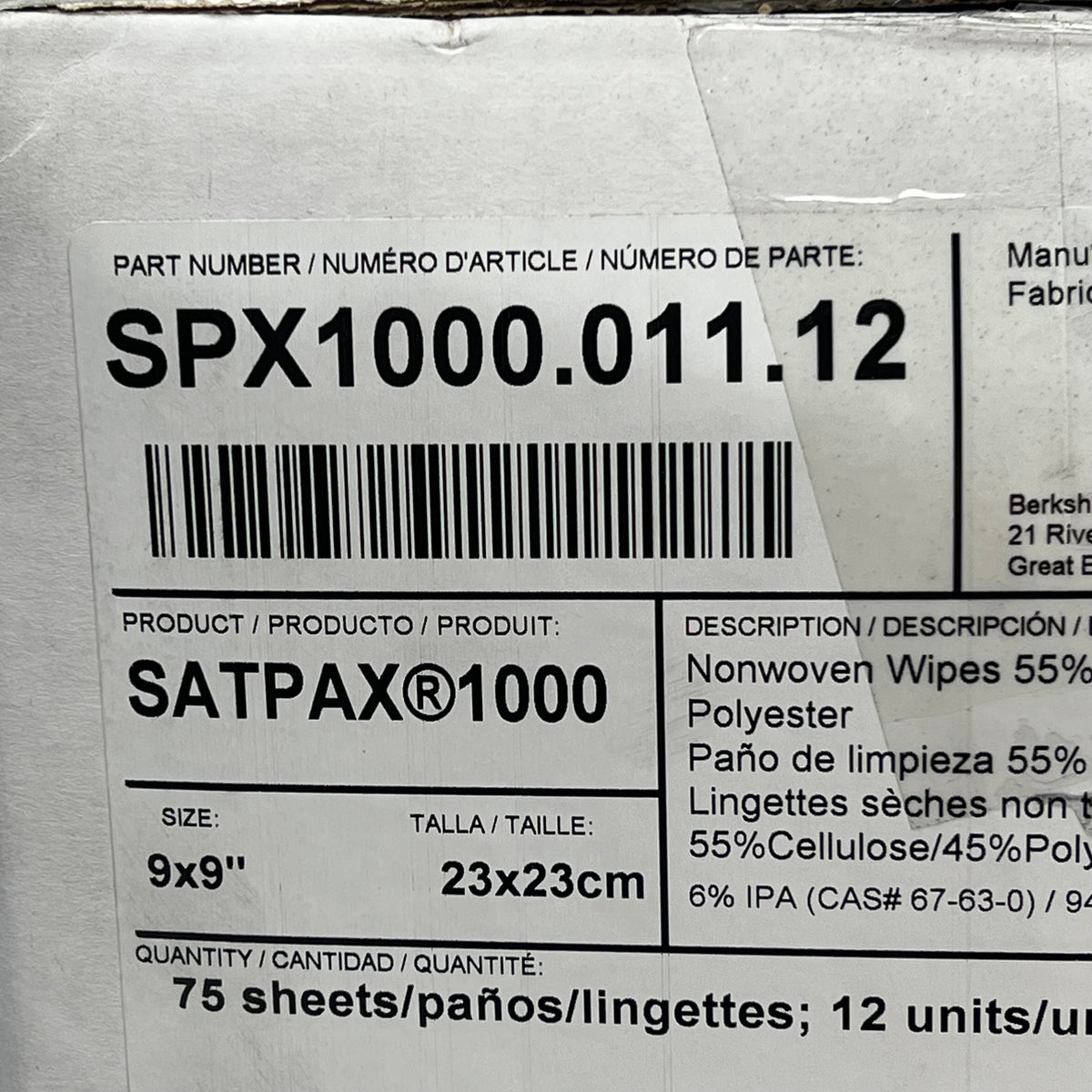 BERKSHIRE (12 PACK, 75 SHEETS EACH) Sat Pax Presaturated Cleanroom Wipers 9x9"