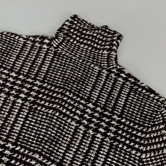 NORMA KAMALI Front Zip Slim Fit Turtle Top Women's Sz S/36 Chocolate Plaid Tweed