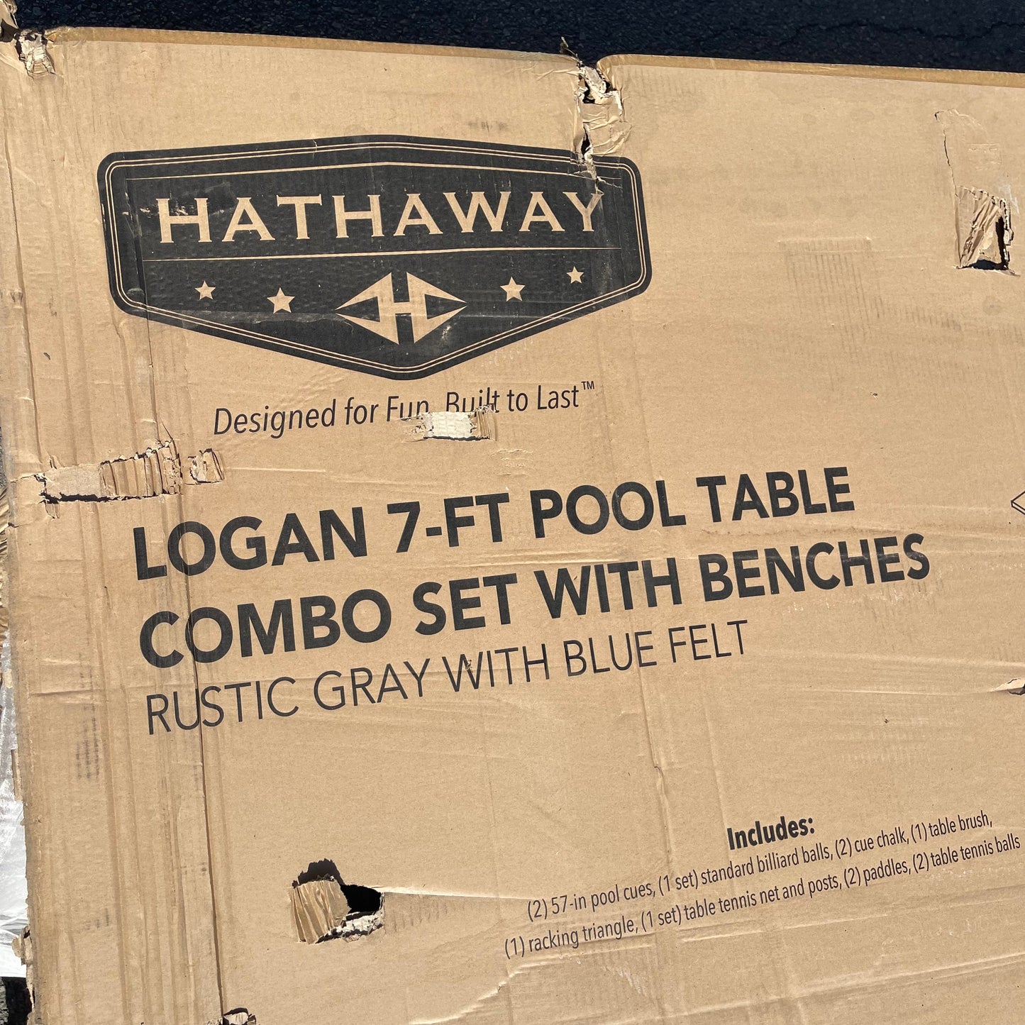 ZA@ HATHAWAY LOGAN 7-ft Pool Table Combo Set w/ Benches, Rustic Gray w/ Blue Felt BG50348 (AS-IS, damaged felt)