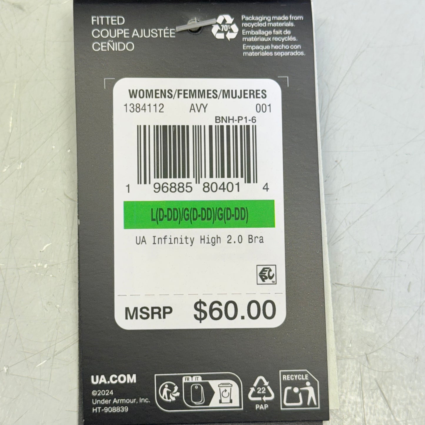 UNDER ARMOUR Infinity 2.0 High Sports Bra Fitted Women's Sz L Cup(D-DD)Black