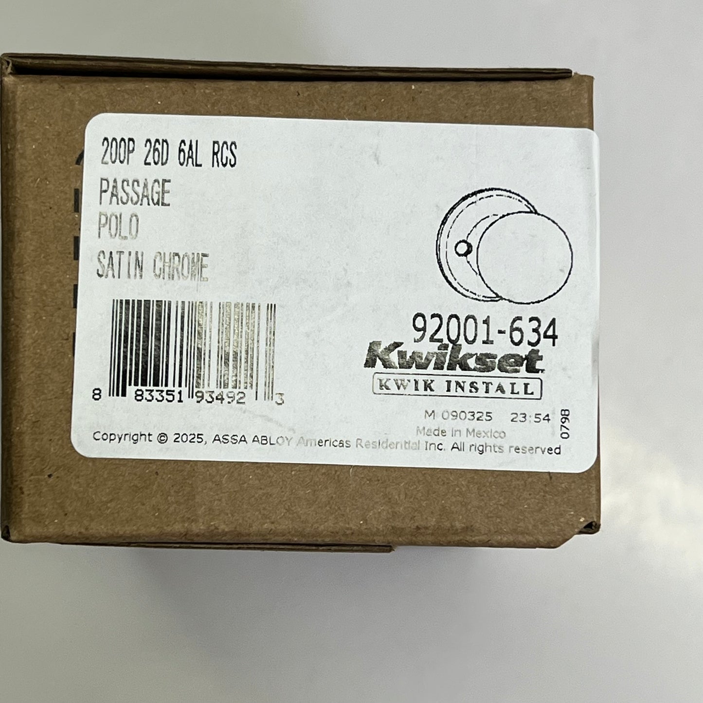 ZA@ KWIKSET (2 PACK) Polo Passage Satin Chrome 92001-634