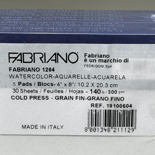 FABRIANO (5 PACK) 1264 Watercolor Glue Bound Bright White Pads 4"X8" 19100604