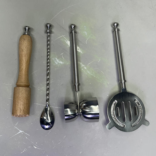 CREATIVE CO-OP Stainless Steel & Mango Wood Bar Tools w/ Stand Set of 5 DG0238