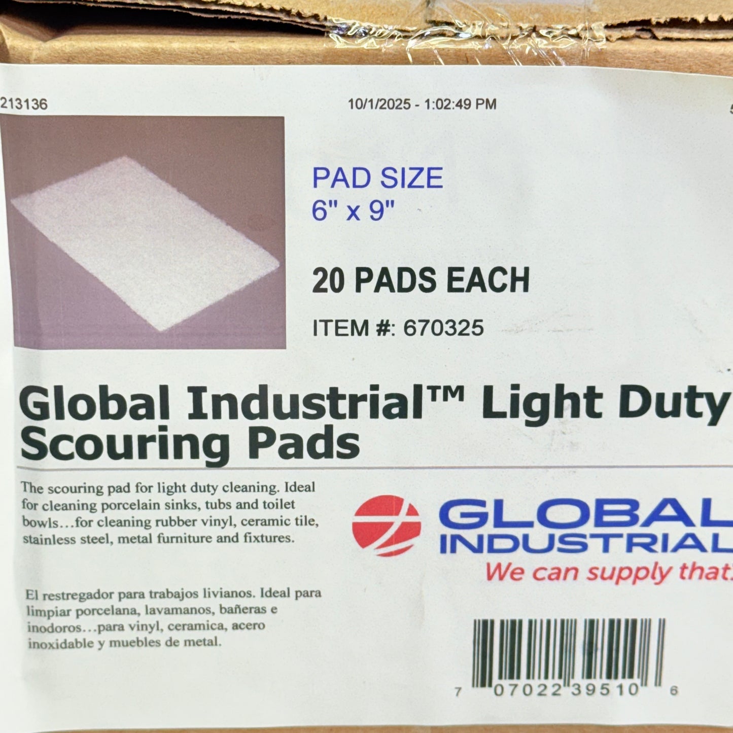 GLOBAL INDUSTRIAL (20 PACK) Light Duty Scouring Pads Sz 6" X 9" White 670325