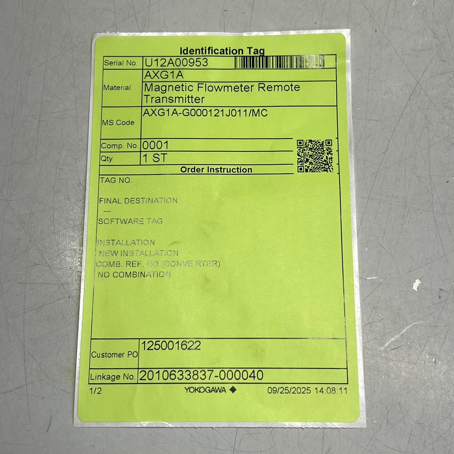 YOKOGAWA Magnetic Flowmeter Remote Transmitter AXG1A U12A00953 (NEW)