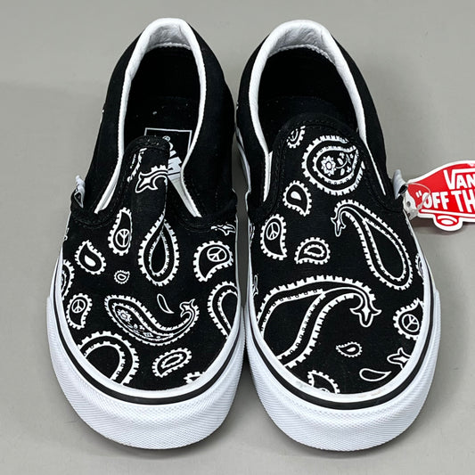 VANS Classic Slip-On Peace Sign Paisley Womens Sz 5.0 Mens Sz 3.5 Black & White