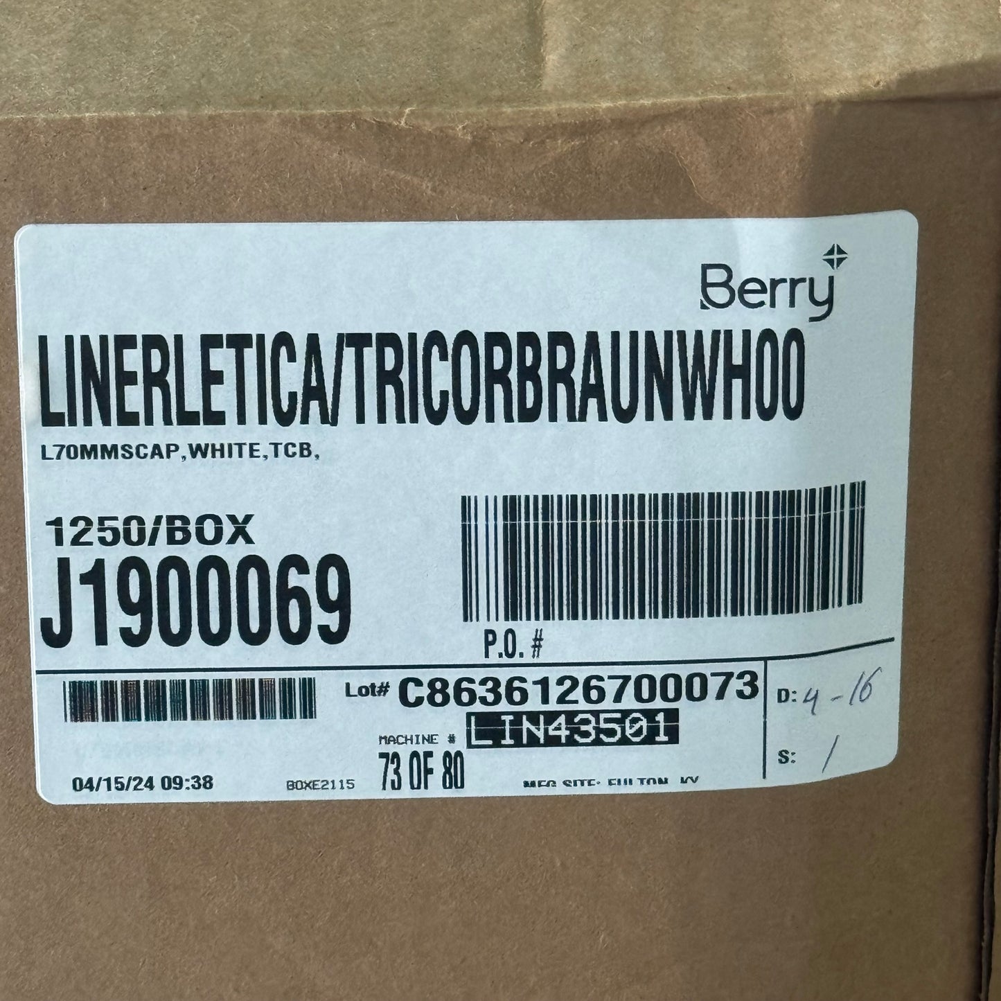 ZA@ Pallet of BERRY Linerletica/Tricorbraunwhoo Plastic Top 1250 PK!