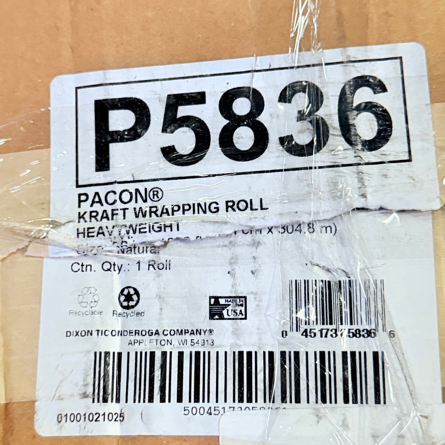 ZA@ PACON Heavyweight Kraft Roll,1 Roll 36" x 1,000' Natural Kraft P5836 (AS-IS)