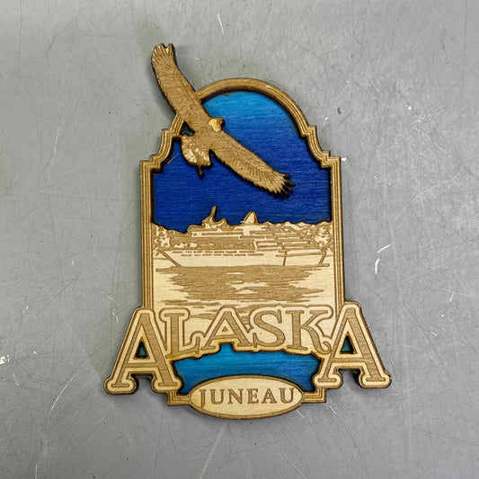 (2 PACK) Boat in the Sea Laser Cut Wood Magnet Souvenir JUNEAU, AK Made In USA