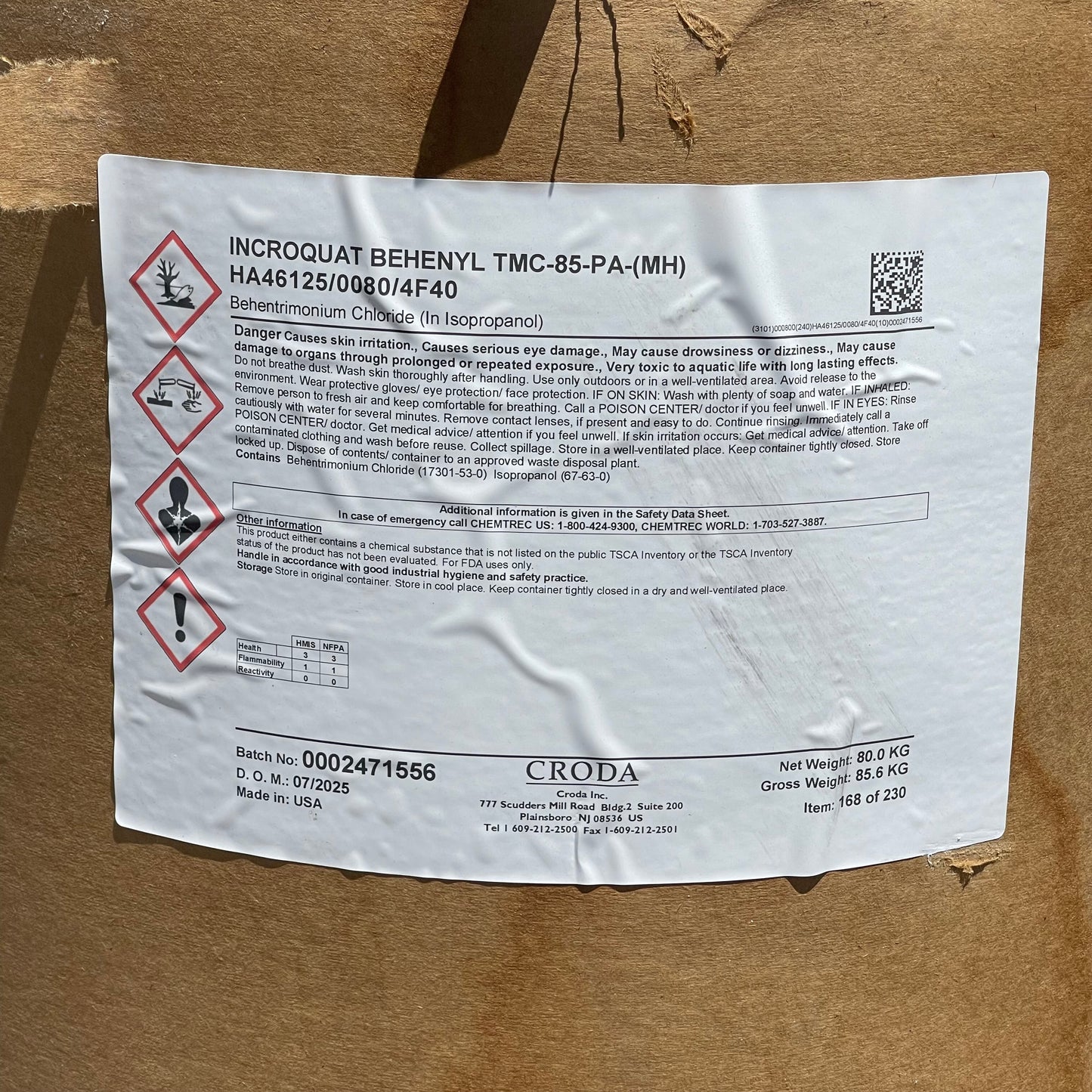 ZA@ Pallet of CRODA Incroquat Behenyl (behentrimonium Chloride) 80 kg TMC-85-PA-(MH) (AS-IS)