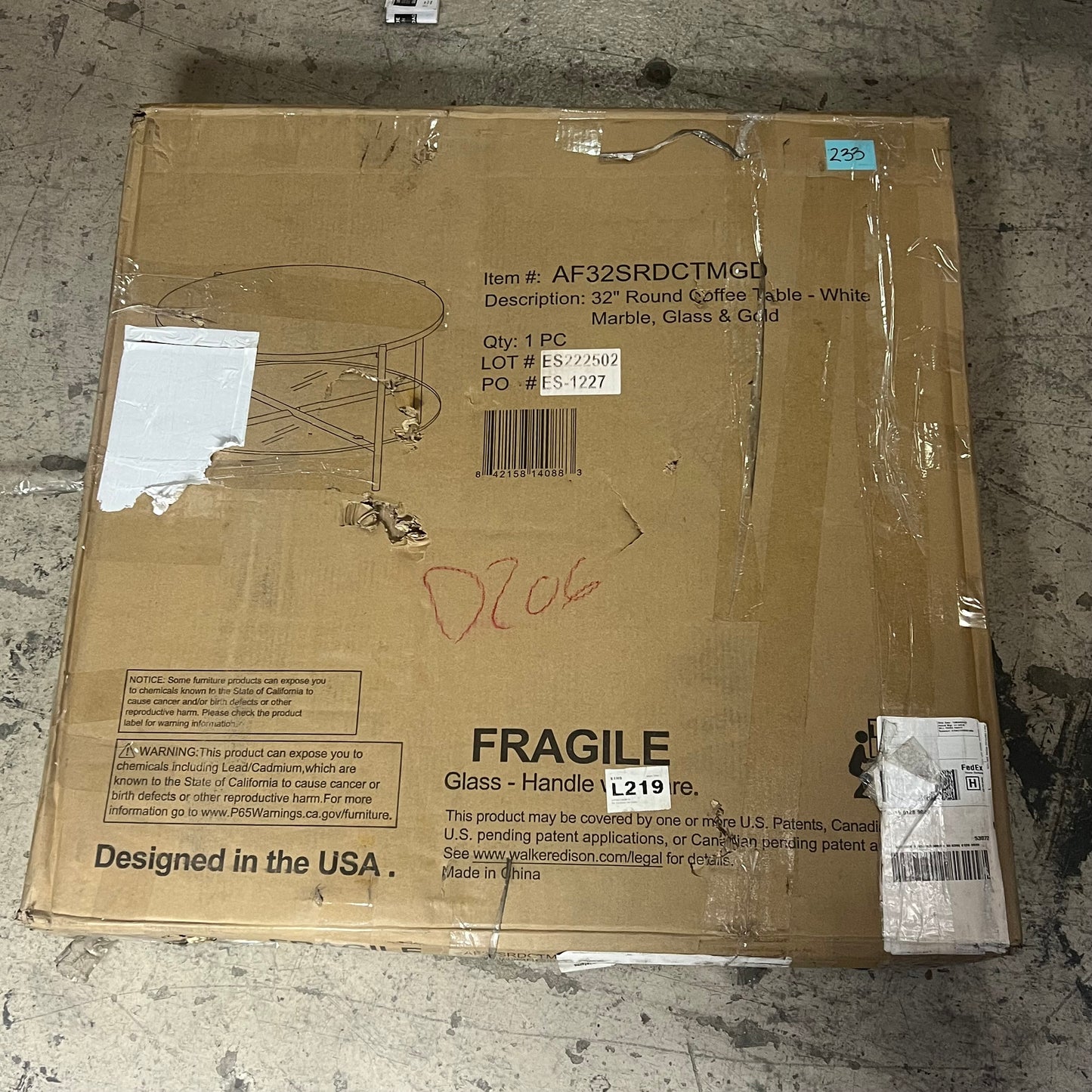 WE Sleek Marble & Glass Coffee Table Tripod Leg Design 32" Gold AF32SRDCTMGD