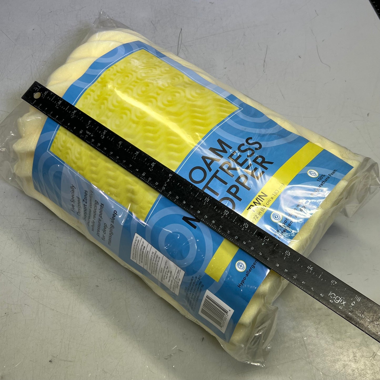 INDEPENDENT FURNITURE Foam Mattress Topper Twin Sz 33" x 72", Yellow