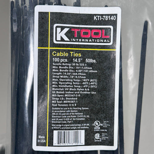 KTOOL (300 PACK)Cable Ties 50lbs Tensile Rating 14"L Strap Width 18" Black Nylon