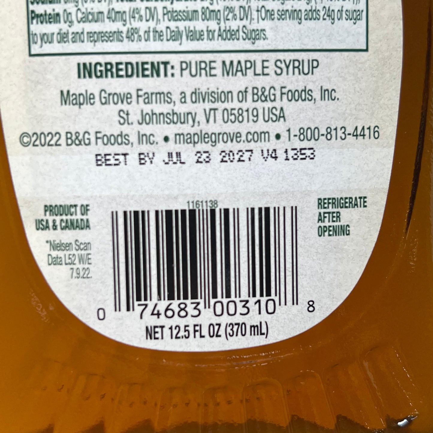 MAPLE GROVE FARMS (12 PACK) Crafted 100% Pure Maple Syrup 12.5 Fl Oz BB 07/27