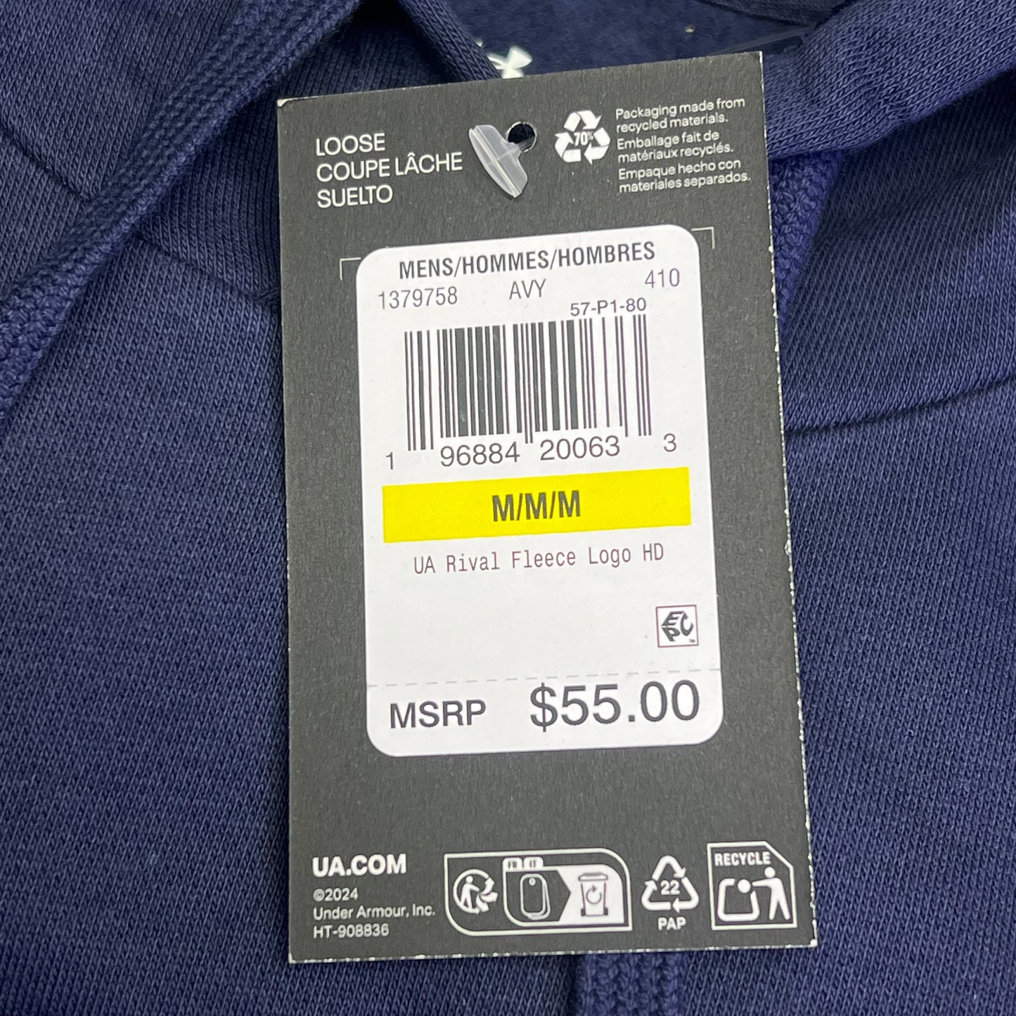 UNDER ARMOUR UA Rival Fleece Pull Over Hoodie Men's Sz M Navy Blue 1379758