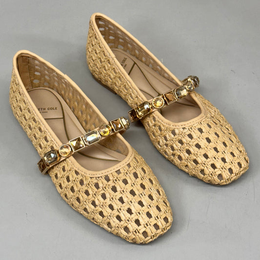KENNETH COLE New York Zeta Raffia Jewel Jane Flat Women's Sz 5 Tan KL25ZMJ01