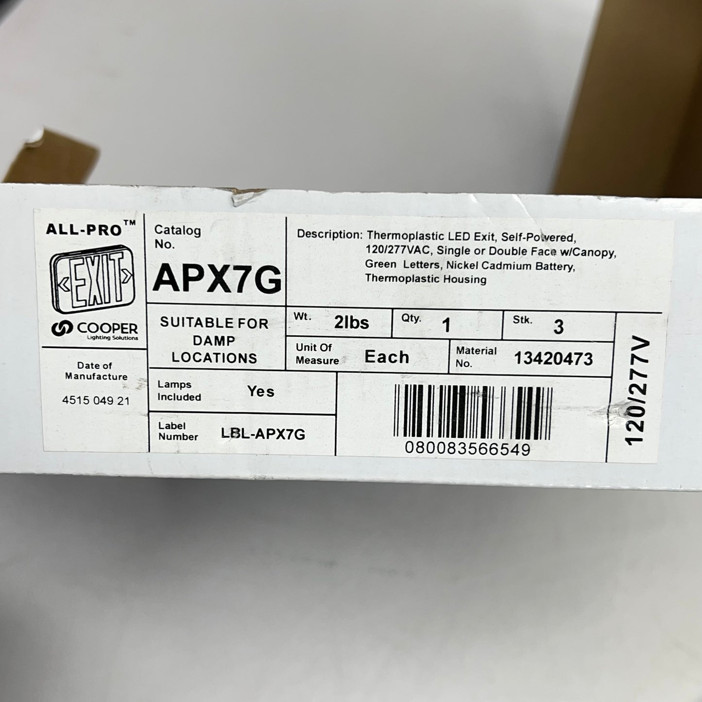 COOPER LIGHTING All-pro APX Thermoplastic LED Exit Sign 12.5x7" Green APX7GB