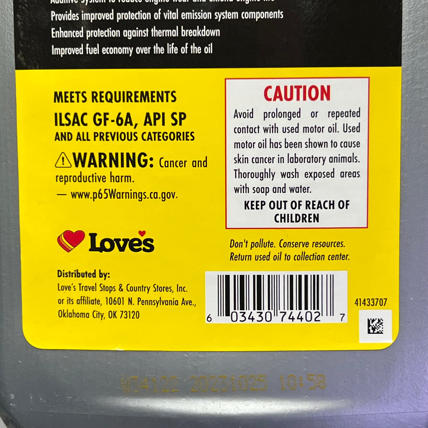 ZA@ LOVE'S (6 PACK, 1 QUART EACH) Motor Oil SAE 0W-20 Full Synthetic
