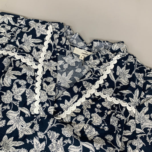 ENTRO Floral Pattern Ruffle Blouse Women's Sz S Navy/White T25612