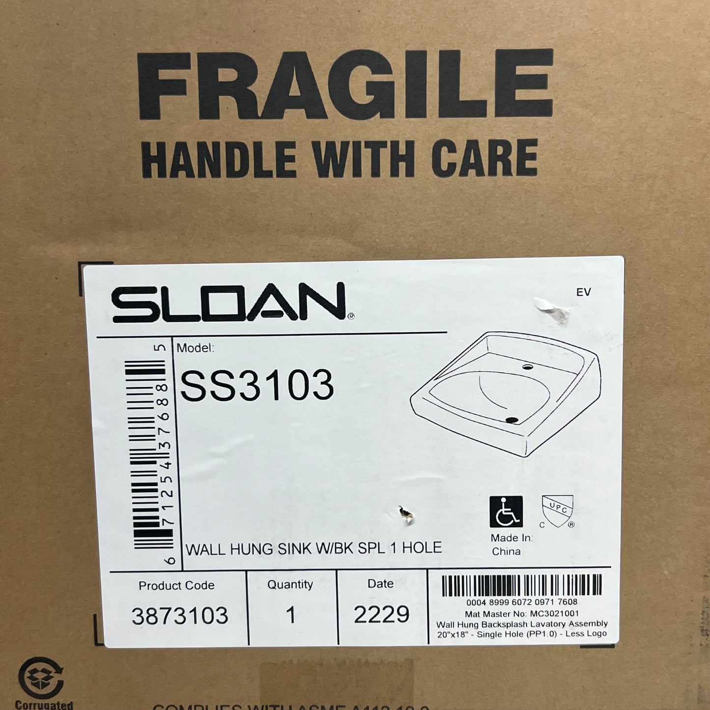 SLOAN Vitreous China Wall-Mounted Backsplash Lavatory Sink White SS3103