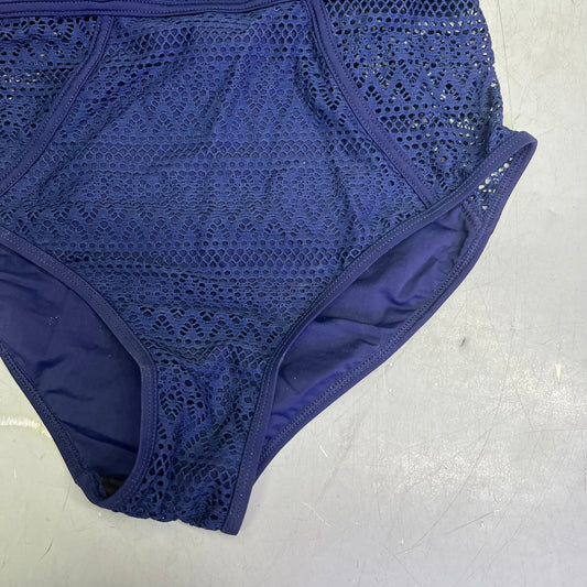 CHARMO Solid Cross Plunge Crochet One Piece Swimsuit Women's Sz M Dark Navy