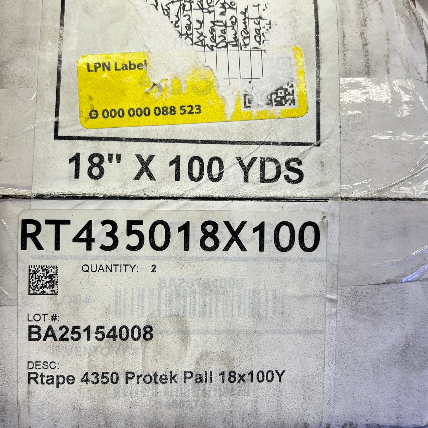 R TAPE (2 PACK) Heat Resistant Smooth Paper Pallet Tape 18" X 100 YD White 4350