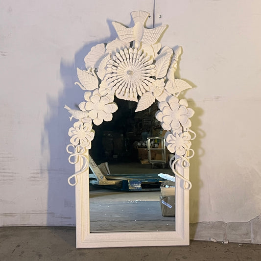 CREATIVECO-OP Wood Frame Mirror with Metal Flowers 49-1/4"H x 23.5"W Antique White DF7985 (New Other, Distressed Box)