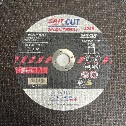 SAIT Type 1 Burr Free Stationary Saw Cut-off Wheel 20" x 3/16" x 1" Black 24090