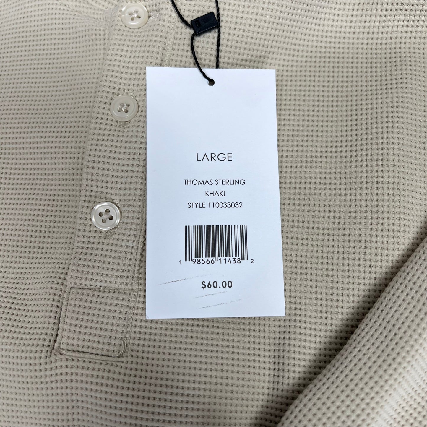 THOMAS STERLING Half Button Soft Waffle Knit Long Sleeve Men's Sz L Khaki