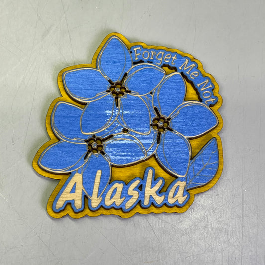 (2 PACK) Forget Me Not Flowers Laser Cut Wood Magnet Souvenir JUNEAU, AK