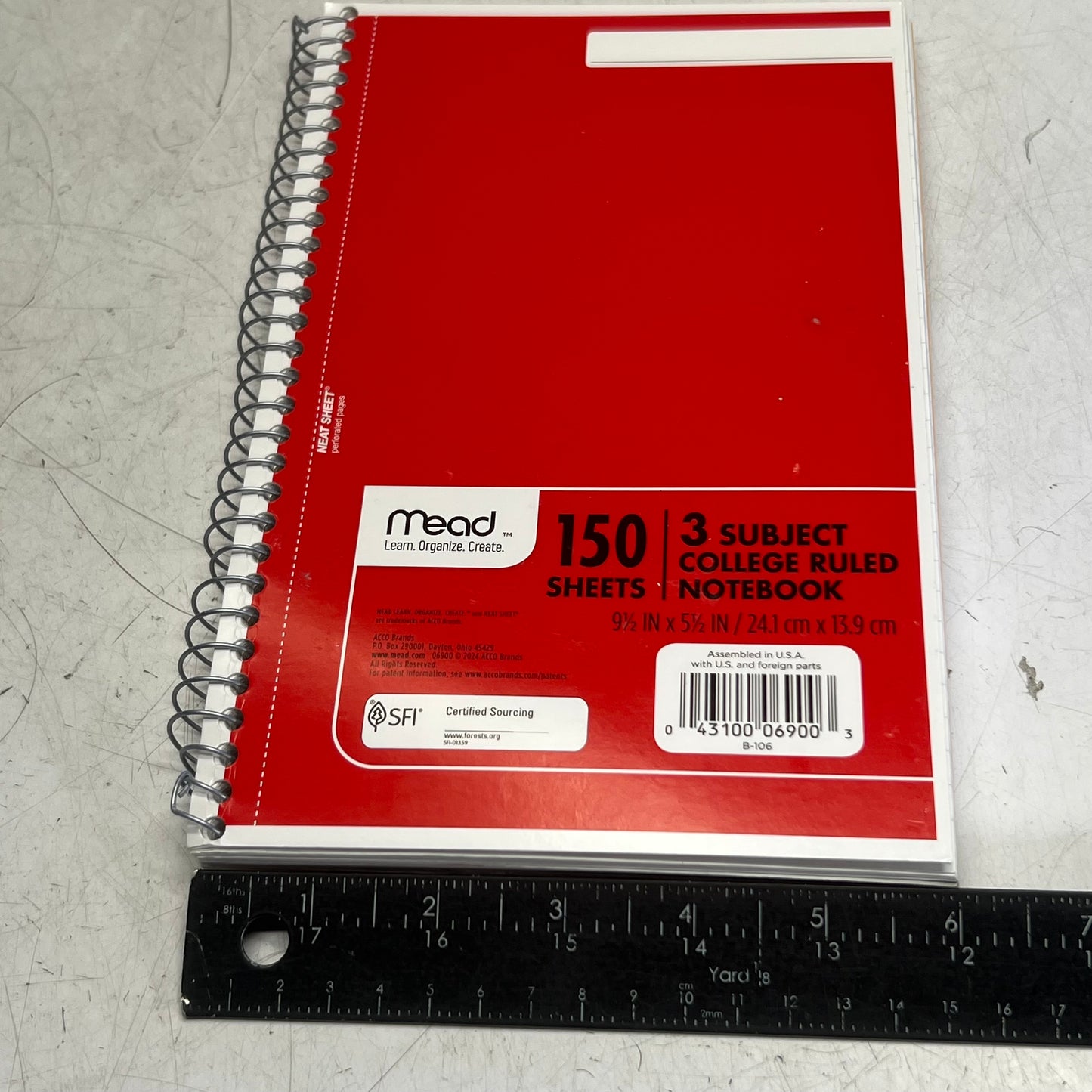 MEAD (4 PACK) 150 Sheets 3 Subject College Ruled Notebook 9 1/2" x 5 1/2" 06900