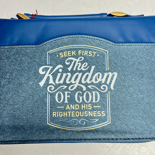 CHRISTIAN ART GIFTS Matthew 6:33 Two-tone Faux Leather Bible Cover 6"x9" Blue