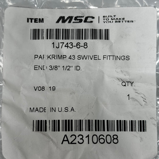 PARKER Hydraulic Hose 43 Swivel Fitting Ends 3/8" x 1/2" Steel 1J743-6-8