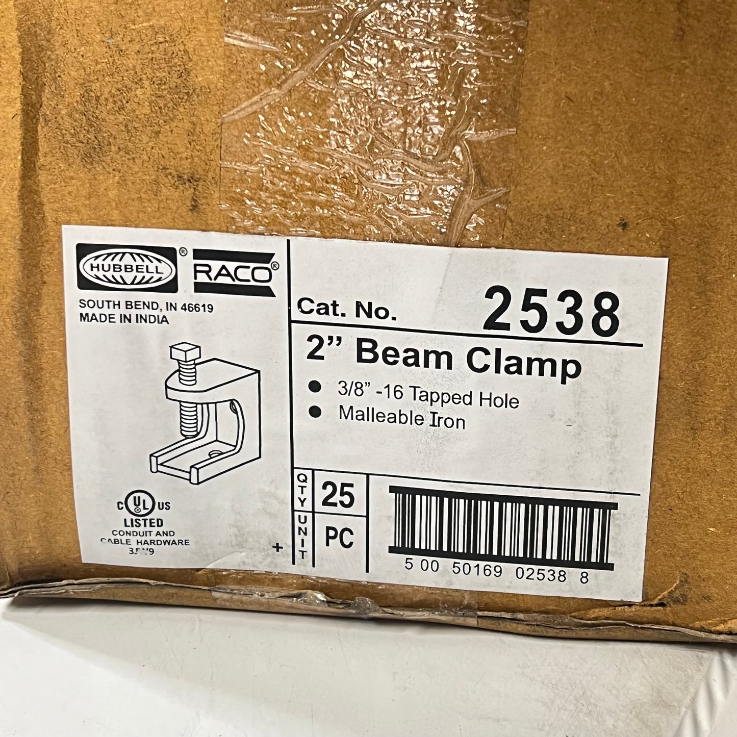 HUBBEL RACO Beam Clamp Malleable Iron Corrosion Resistance 2" 0224345