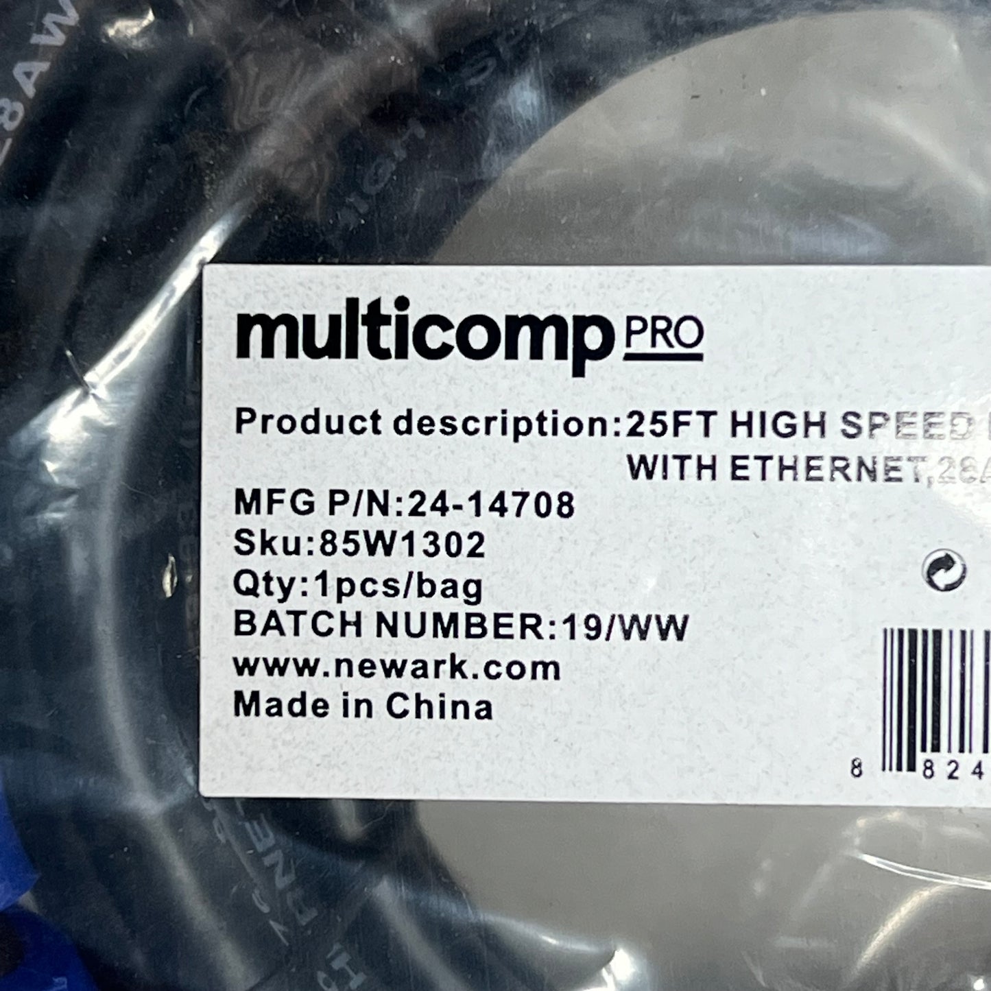 ZA@ MULTICOMP PRO High Speed HDMI Cable W/ Ethernet 28 AWG 25' Black 24-14708