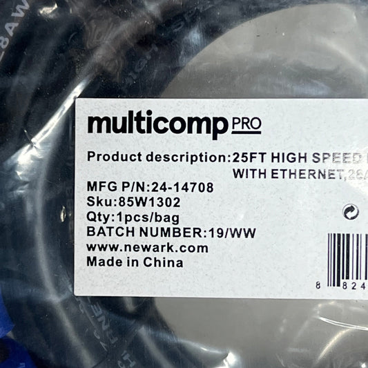 ZA@ MULTICOMP PRO High Speed HDMI Cable W/ Ethernet 28 AWG 25' Black 24-14708 A