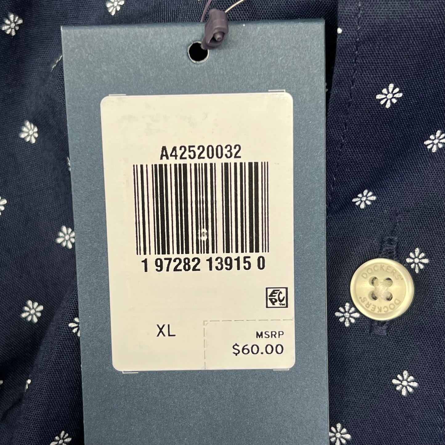 DOCKERS Stain Defender Button Up Shirt Daisy Pattern Men's Sz XL Navy Blue