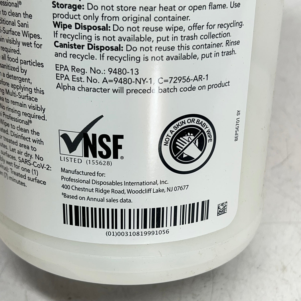 SANI PROFESSIONAL (5 PACK, 95 EACH) No-rinse Sanitizing Wipes 7.75 x 9" 8DP56700