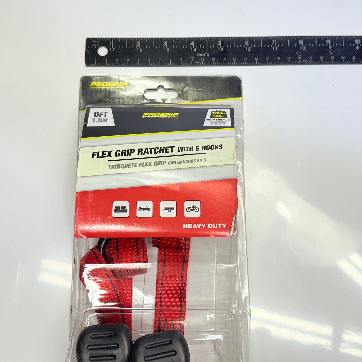 PROGRIP 6 ft X 1 in Flex Grip Ratchet W/ S Hooks, Heavy Duty, 312620 Red