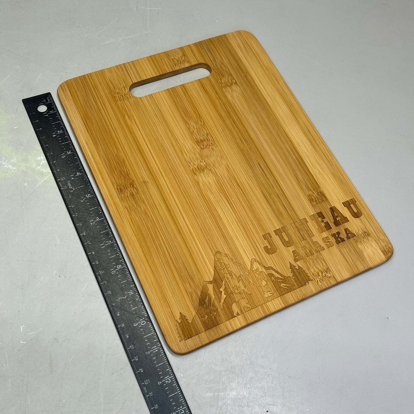 Mountain & Bear Laser Cut Bamboo Cutting Board Souvenir JUNEAU ALASKA 12"x9"