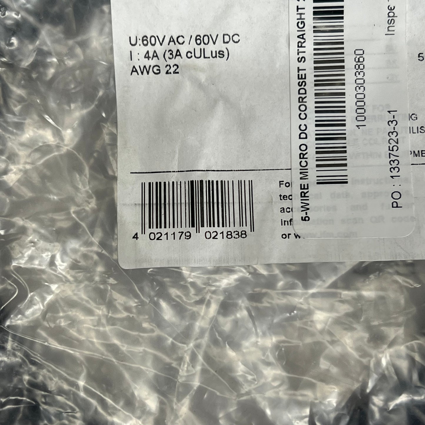IFM Electronic 5-wire Micro Dc Female Cordset Straight 22AWG Black EVC071